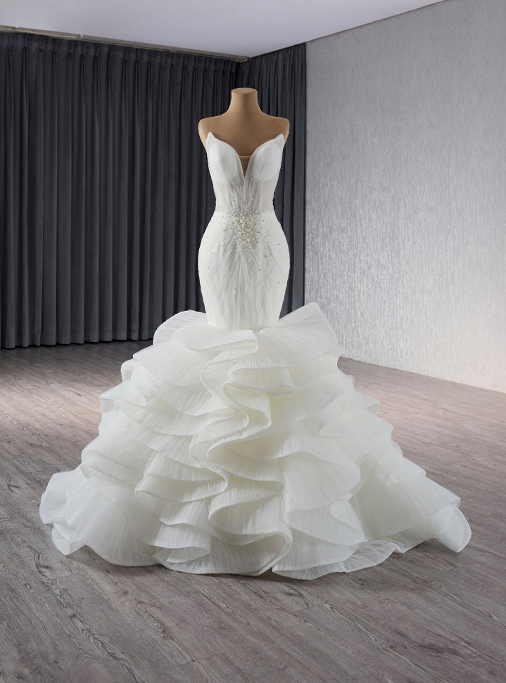 White Mermaid Tulle Strapless Pleats Beading Wedding Dress