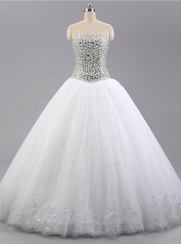 White Rhinestone Long Sweetheart Tulle Wedding Dress