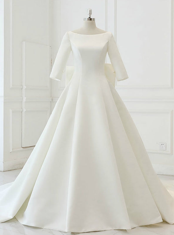 White Satin Backless 3/4 Sleeve Wedding Dress With Big Bow