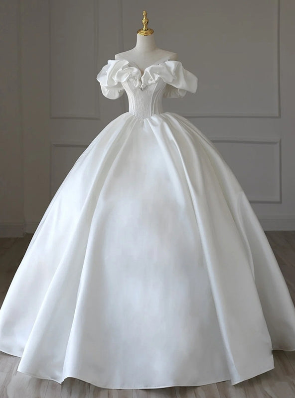 White Satin Off the Shoulder Pearls Beading Wedding Dresses