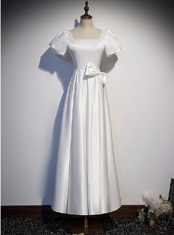 White Satin Square Puff Sleeve Bow Prom Dress