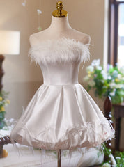 White Satin Strapless Feather Homecoming Dress