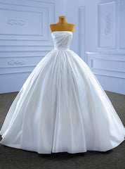 White Satin Strapless Pearls Pleats Wedding Dress