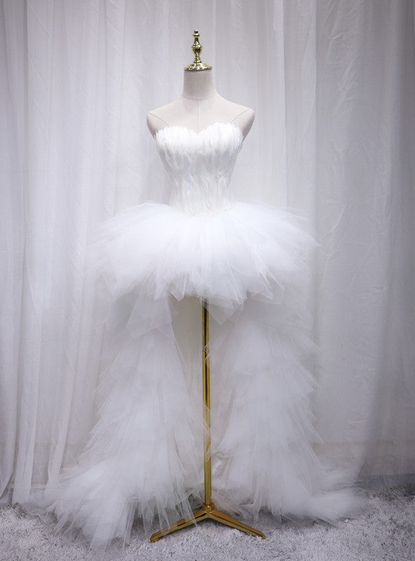 White Tulle Strapless Feather Wedding Dress