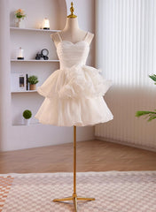 White Tulle Straps Short Graduation Dress Outfits For Girls, White Tulle Sweetheart Prom Dress