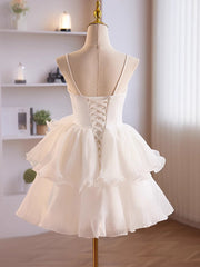 White Tulle Straps Short Graduation Dress Outfits For Girls, White Tulle Sweetheart Prom Dress