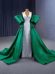 White V-neck Sequins Beading Green Satin Prom Dress