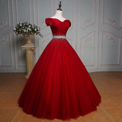 Wine Red Ball Gown Off Shoulder Beaded Party Dress Outfits For Girls, Tulle Off Shoulder Prom Dress