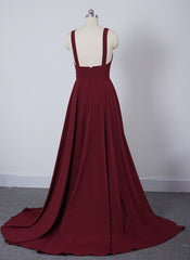 Wine Red Chiffon High Slit Long Party Dress Outfits For Girls, Charming Long Straps Bridesmaid Dresses