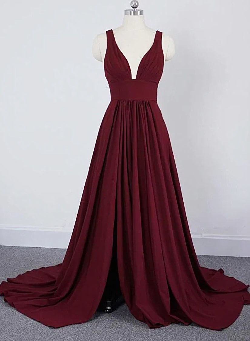 Wine Red Chiffon High Slit Long Party Dress Outfits For Girls, Charming Long Straps Bridesmaid Dresses