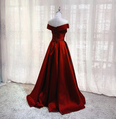 Wine Red Floor Length Off Shoulder Wedding Party Dress Outfits For Girls, Dark Red Prom Dress