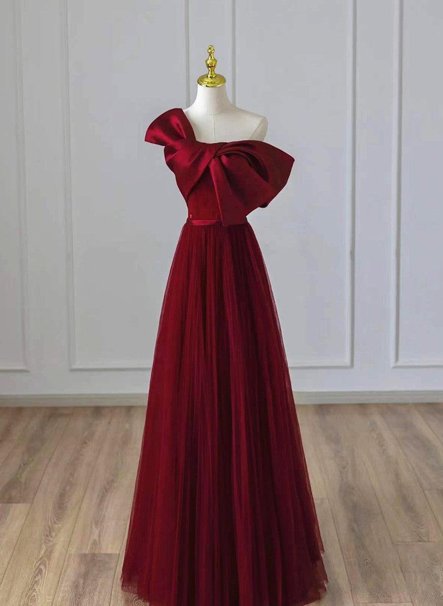 Wine Red Satin and Tulle A-line Simple Prom Dress Outfits For Girls, Floor Length Party Dress