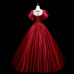 Wine Red Satin Beaded Ball Gown Sweet 16 Dress Outfits For Girls, Wine Red Evening Formal Dress