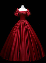 Wine Red Satin Beaded Ball Gown Sweet 16 Dress Outfits For Girls, Wine Red Evening Formal Dress