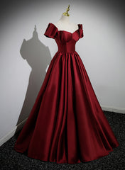 Wine Red Satin Long Party Dress Outfits For Girls, Off Shoulder Sweetheart Floor Length Prom Dress