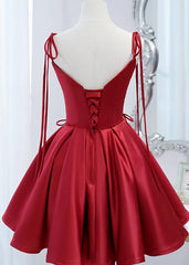 Wine Red Satin V-neckline Straps Beaded Short Prom Dress Outfits For Girls, Wine Red Party Dresses