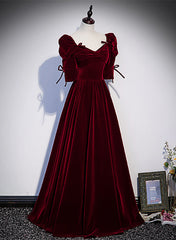 Wine Red Short Sleeves A-line Long Party Dress Outfits For Girls, Wine Red Bridesmaid Dress