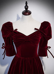 Wine Red Short Sleeves A-line Long Party Dress Outfits For Girls, Wine Red Bridesmaid Dress