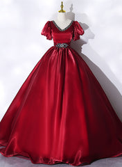 Wine Red V-neckline Beaded Ball Gown Prom Dress Outfits For Girls, Wine Red Sweet 16 Dress