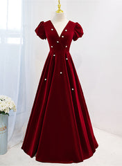 Wine Red V-neckline Velvet Prom Dress Outfits For Women Party Dress Outfits For Girls, A-line Wedding Party Dress