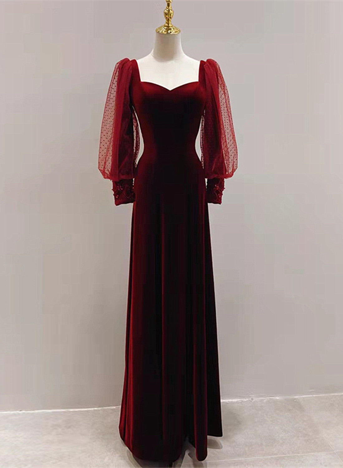 Wine Red Velvet Long Sleeves Floor Length Bridesmaid Dress Outfits For Girls, Wine Red Long Prom Dress