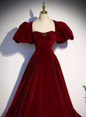 Wine Red Velvet Puffy Sleeves Long Party Dress Outfits For Girls, Wine Red Long Prom Dress