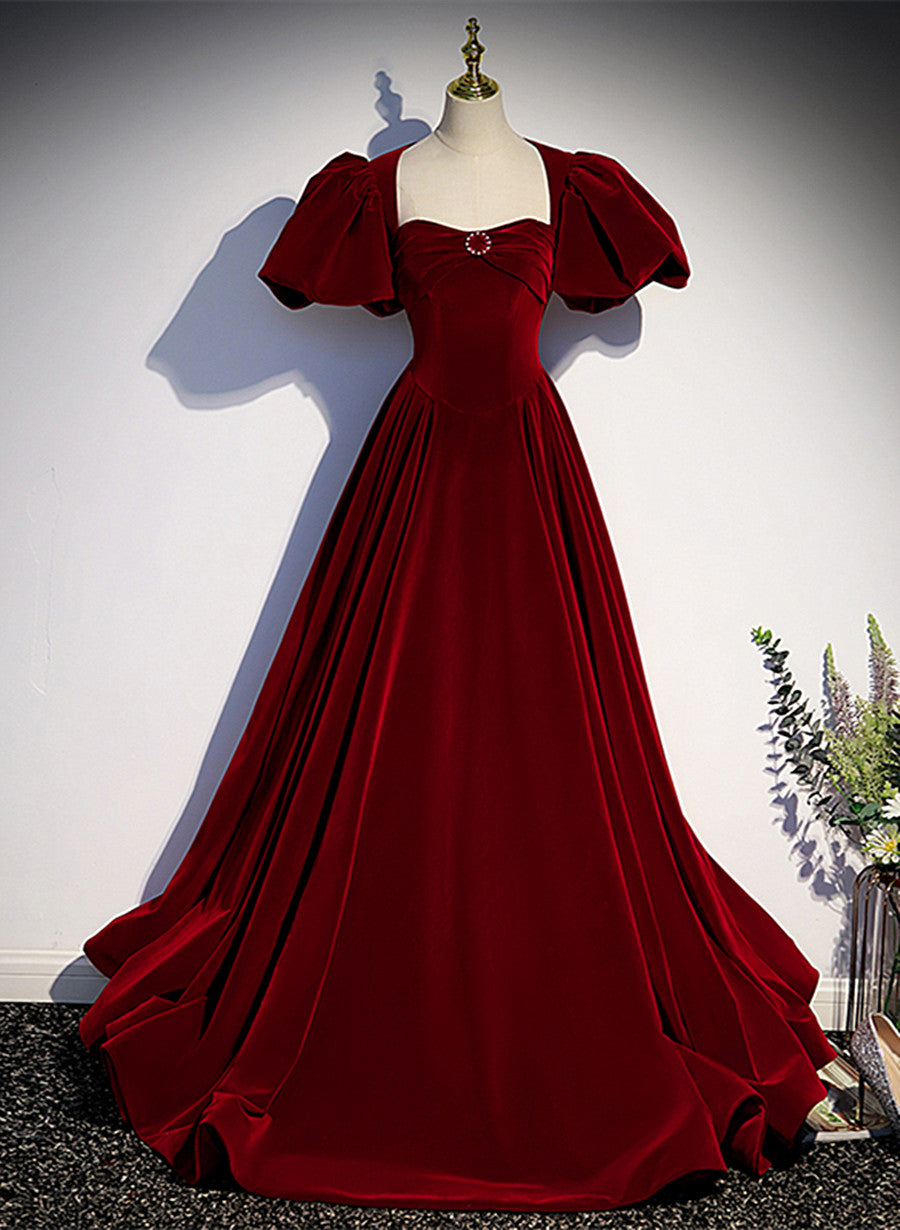 Wine Red Velvet Puffy Sleeves Long Party Dress Outfits For Girls, Wine Red Long Prom Dress