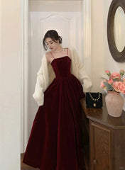 Wine Red Velvet Straps Long Evening Dress, Wine Red Velvet Prom Dress