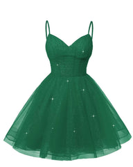 Women's V Neck Tulle Spaghetti Straps Emerald Green Homecoming Dresses with Corset Back Short Prom Gowns for Teens