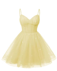 Women's V Neck Tulle Spaghetti Straps Yellow Homecoming Dresses with Corset Back Short Prom Gowns for Teens