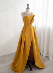 Yellow Satin Beaded Long Prom Dress Outfits For Women with Leg Slit, Yellow A-line Party Dress