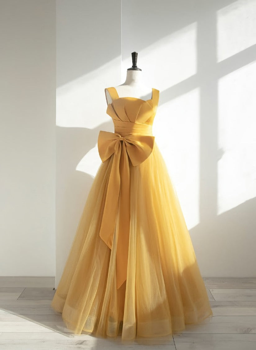 Yellow Tulle Long Party Dress Outfits For Women with Bow, Yellow Prom Dress Outfits For Women Evening Gown