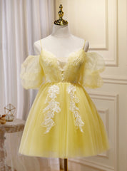 Yellow Tulle Puff Sleeve Spaghetti Straps Homecoming Dress