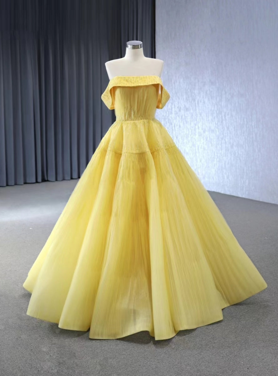 Yellow Tullle Strapless Pleats Beading Prom Dress