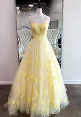 Prom Dress Guide, Yellow Spaghetti Strap Long Prom Dresses, A-Line Evening Dresses