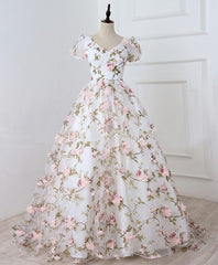 Homecoming Dress Shopping Near Me, White V Neck 3D Flowers Long Prom Dress, White Evening Dress