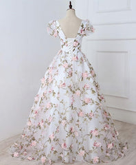 Homecoming Dress 2038, White V Neck 3D Flowers Long Prom Dress, White Evening Dress