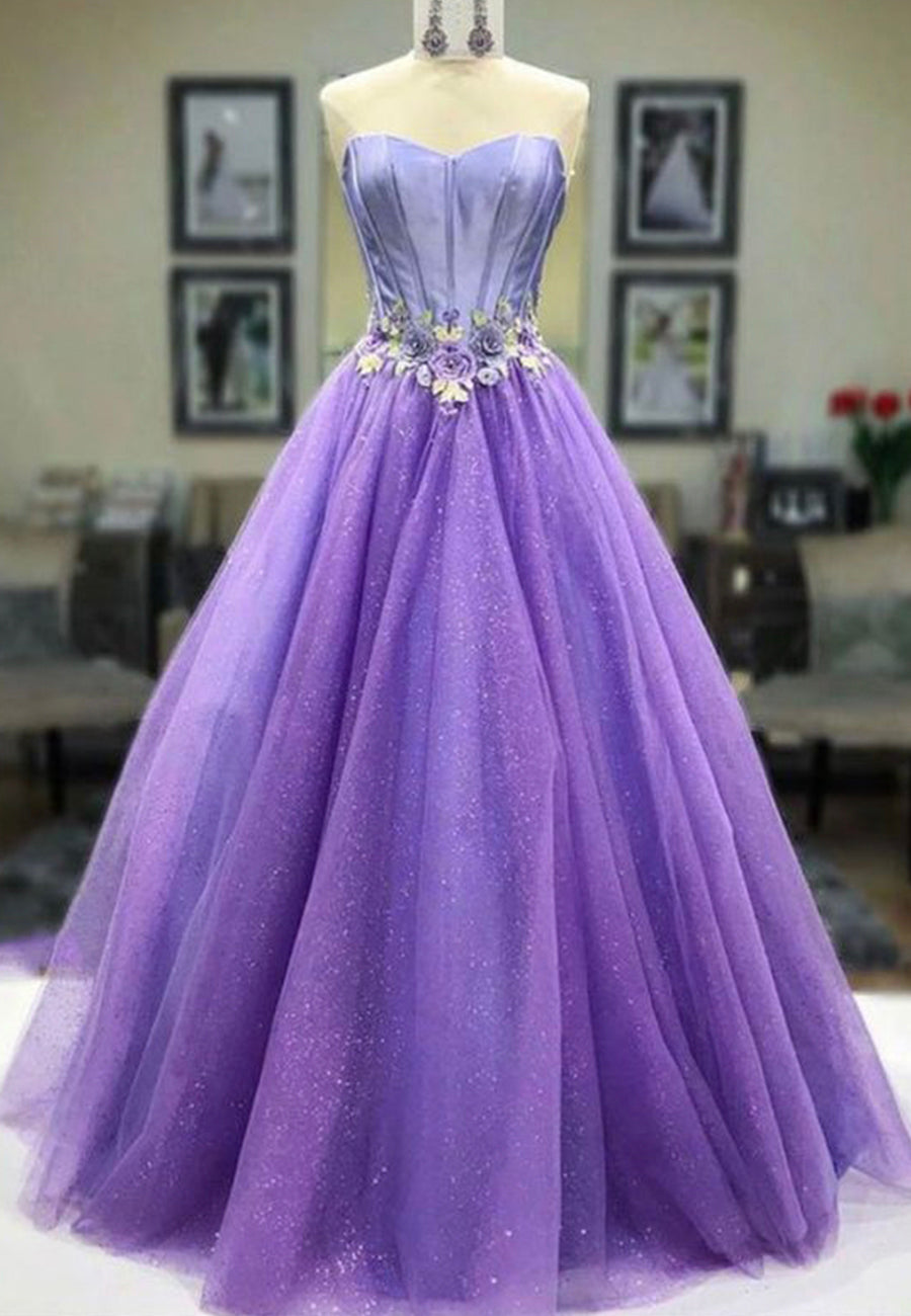 Bridesmaids Dress Mismatched, Purple Strapless Tulle Long Prom Dresses, A-Line Evening Dresses