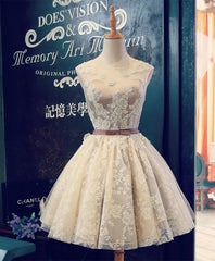 Prom Dresses Brand, Cute Champagne Lace Short Prom Dress, Cheap Evening Dress