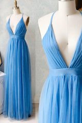 Party Dress Long, A-Line Tulle Long Prom Dresses, Simple V-Neck Party Dresses