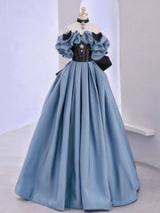 Bridesmaids Dresses Styles, Blue Satin Lace Long Prom Dress, Off Shoulder Evening Dress