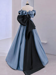 Bridesmaid Dresse Styles, Blue Satin Lace Long Prom Dress, Off Shoulder Evening Dress