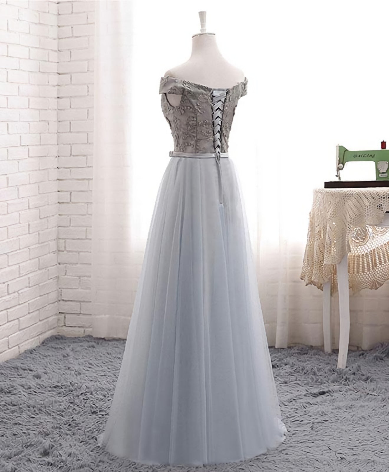Evening Dress For Wedding Guest, A Line Lace Tulle Off Shoulder Long Prom Dress, Evening Dress