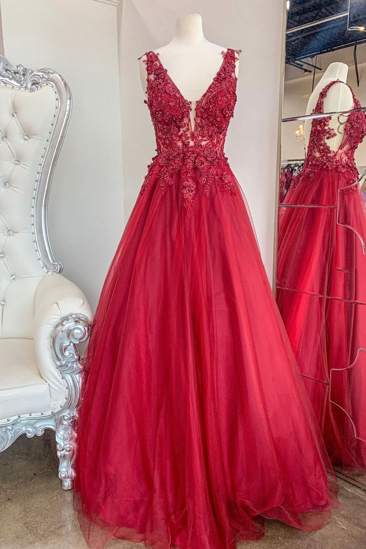 Blue Dress, Red V-Neck Tulle Lace Long Prom Dresses, A-Line Red Evening Party Dresses