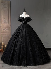 Bridesmaid Dress Convertible, Black Tulle Long A-Line Prom Dress, Shiny Off Shoulder Evening Dress