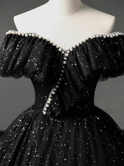 Bridesmaid Dresses, Black Tulle Long A-Line Prom Dress, Shiny Off Shoulder Evening Dress