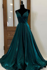 Little Black Dress, Green Satin Long Prom Dresses, Simple V-Neck Evening Dresses