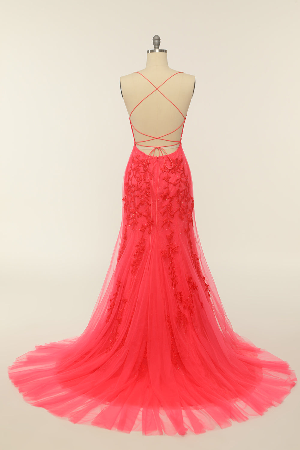 Prom Dresses Short, Coral Backless Long Prom Dress with Appliques