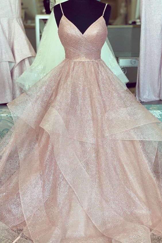 Bridesmaids Dress Inspiration, rose gold ruffled long prom dress with pleated bodice