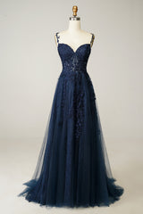 Formal Dresses For Sale, A Line Spaghetti Straps Navy Prom Dress with Appliques